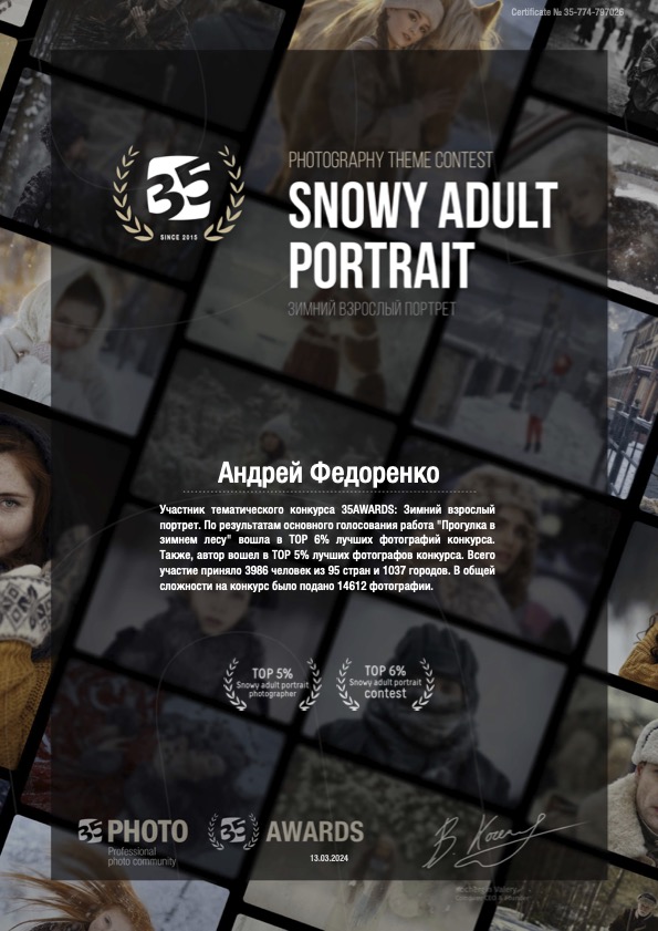 Сертификат участника 35AWARDS Зимний взрослый портрет