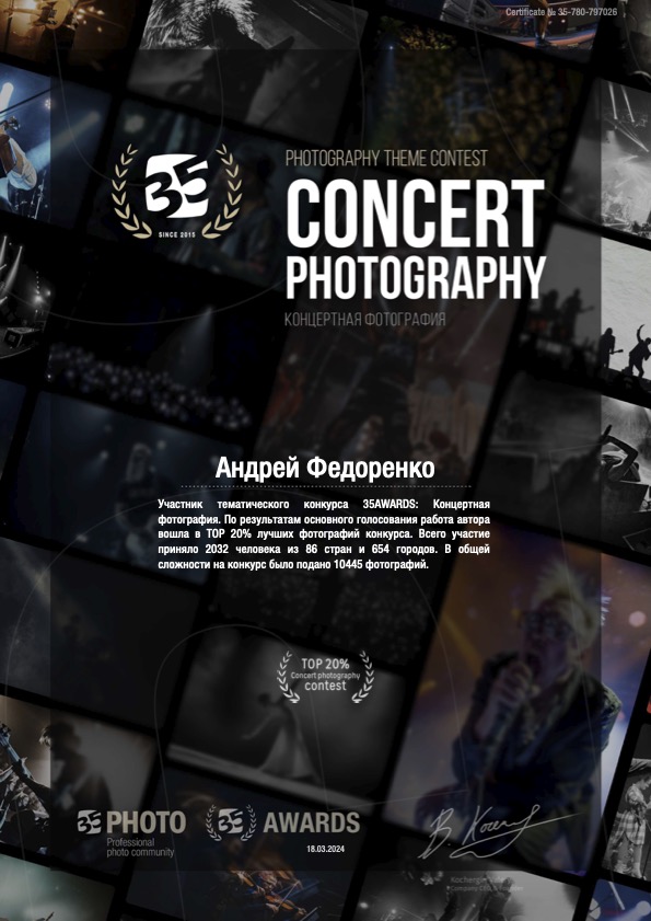Сертификат участника 35AWARDS Концертная фотография